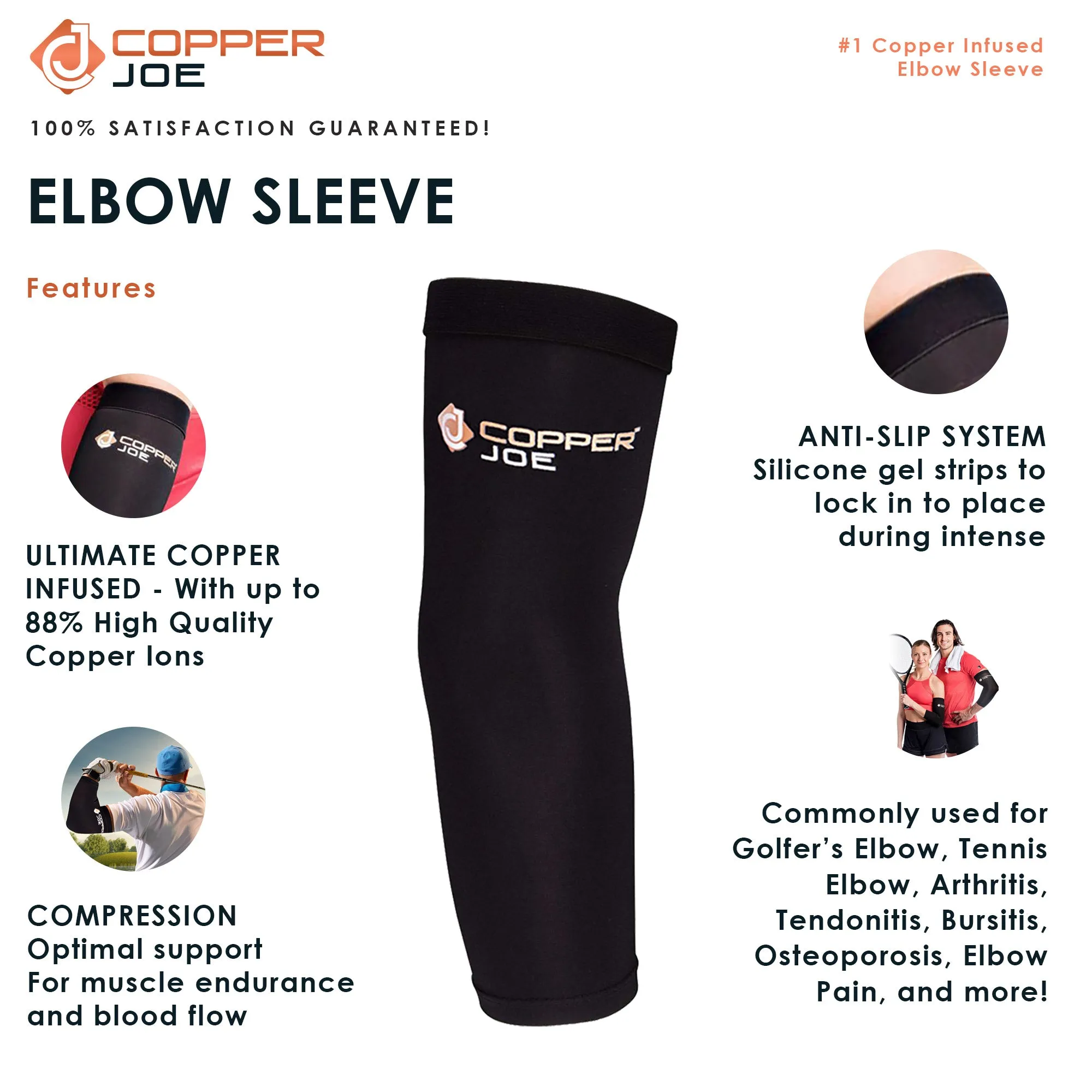 2 Pack - Copper Joe Recovery Elbow Compression Sleeve - Ultimate Copper Relief Elbow Brace for Arthritis, Golfers or Tennis Elbow and Tendonitis. Elbow Support Arm Sleeves For Men and Women