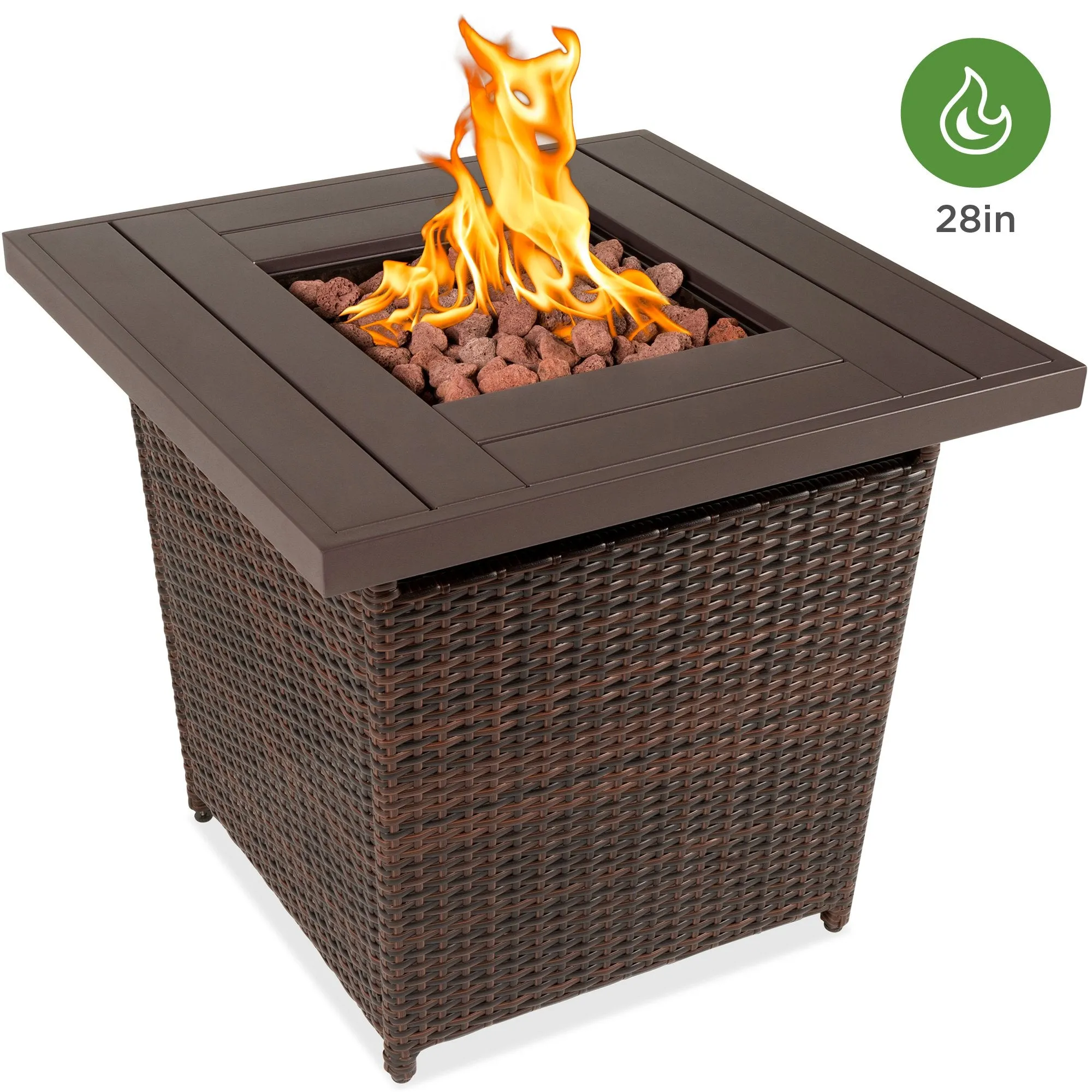 28in Fire Pit Table 50,000 BTU Wicker Propane w/ Faux Wood Tabletop, Cover