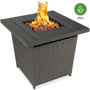 28in Fire Pit Table 50,000 BTU Wicker Propane w/ Faux Wood Tabletop, Cover