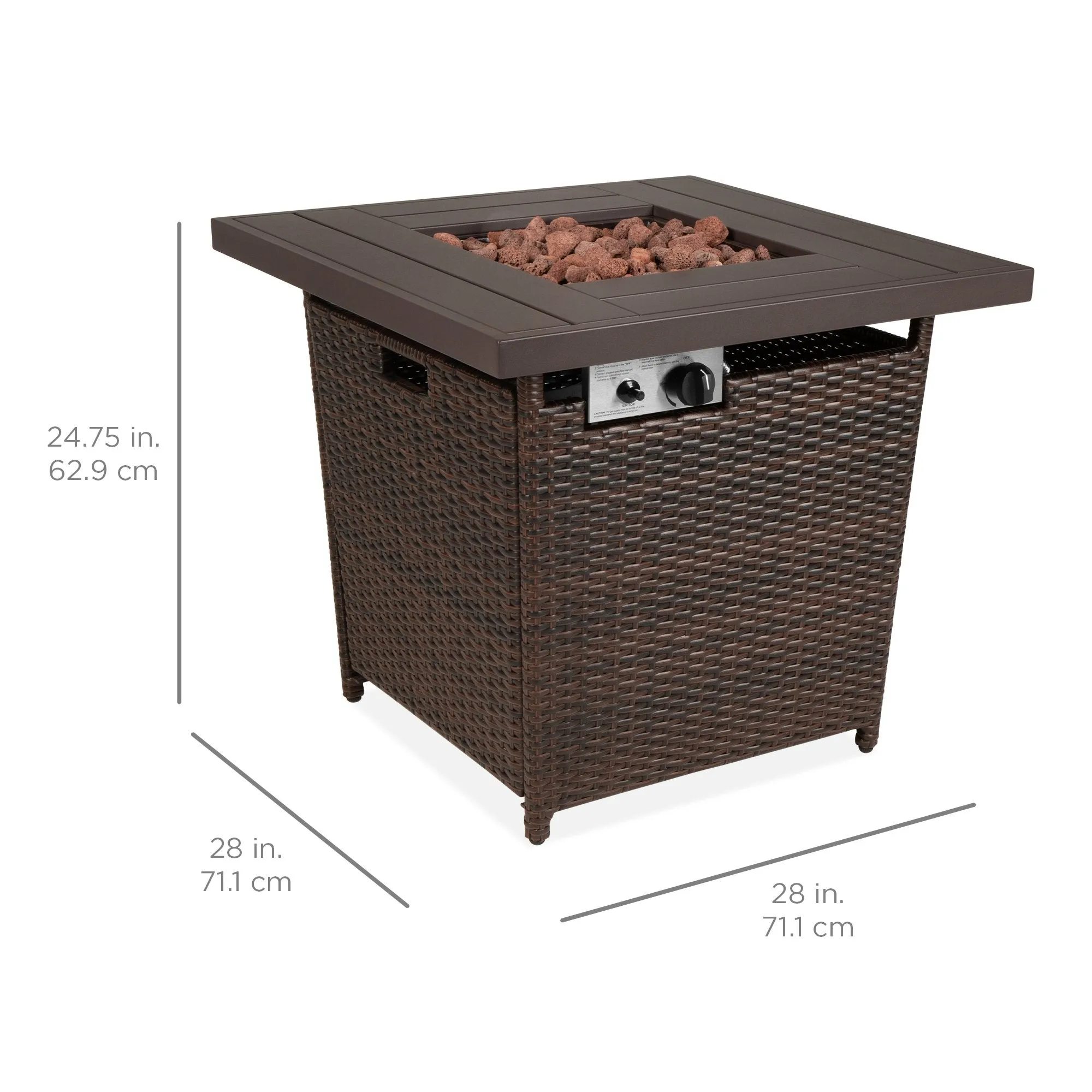 28in Fire Pit Table 50,000 BTU Wicker Propane w/ Faux Wood Tabletop, Cover