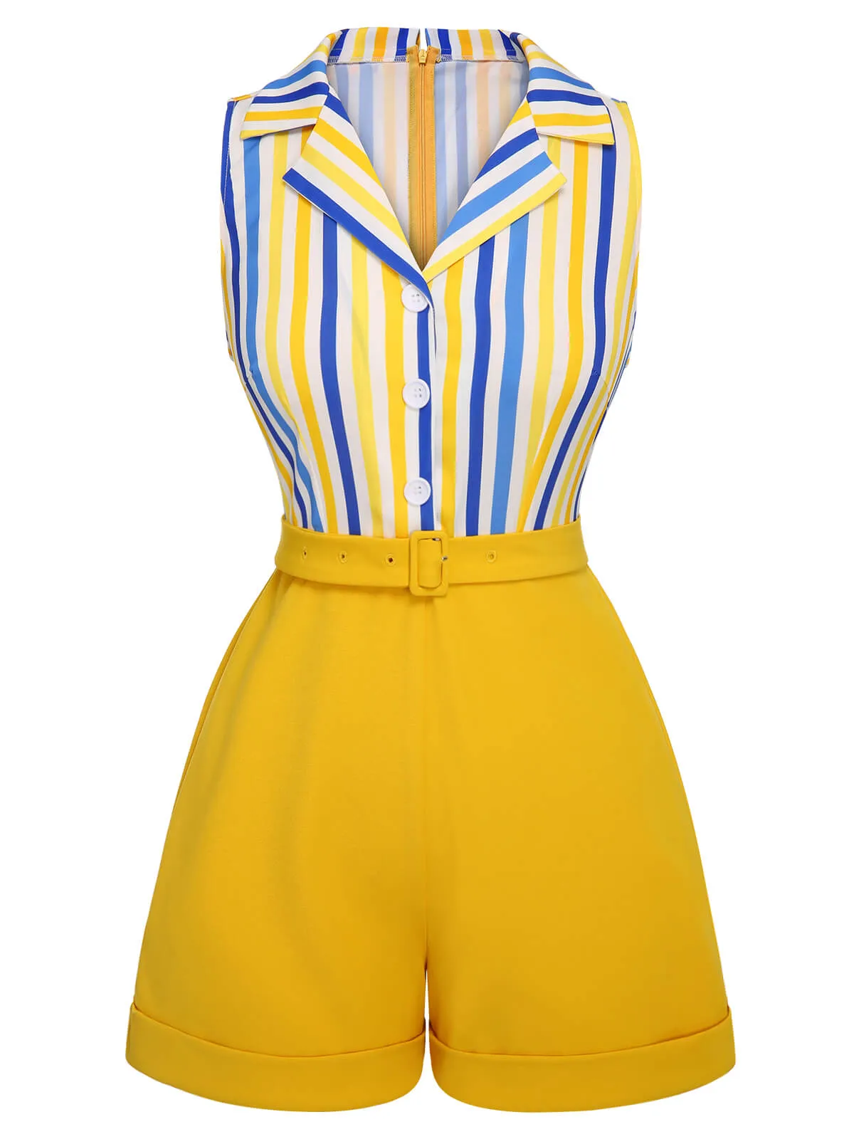 2PCS 1950s Yellow White Blue Striped Romper & Skirt