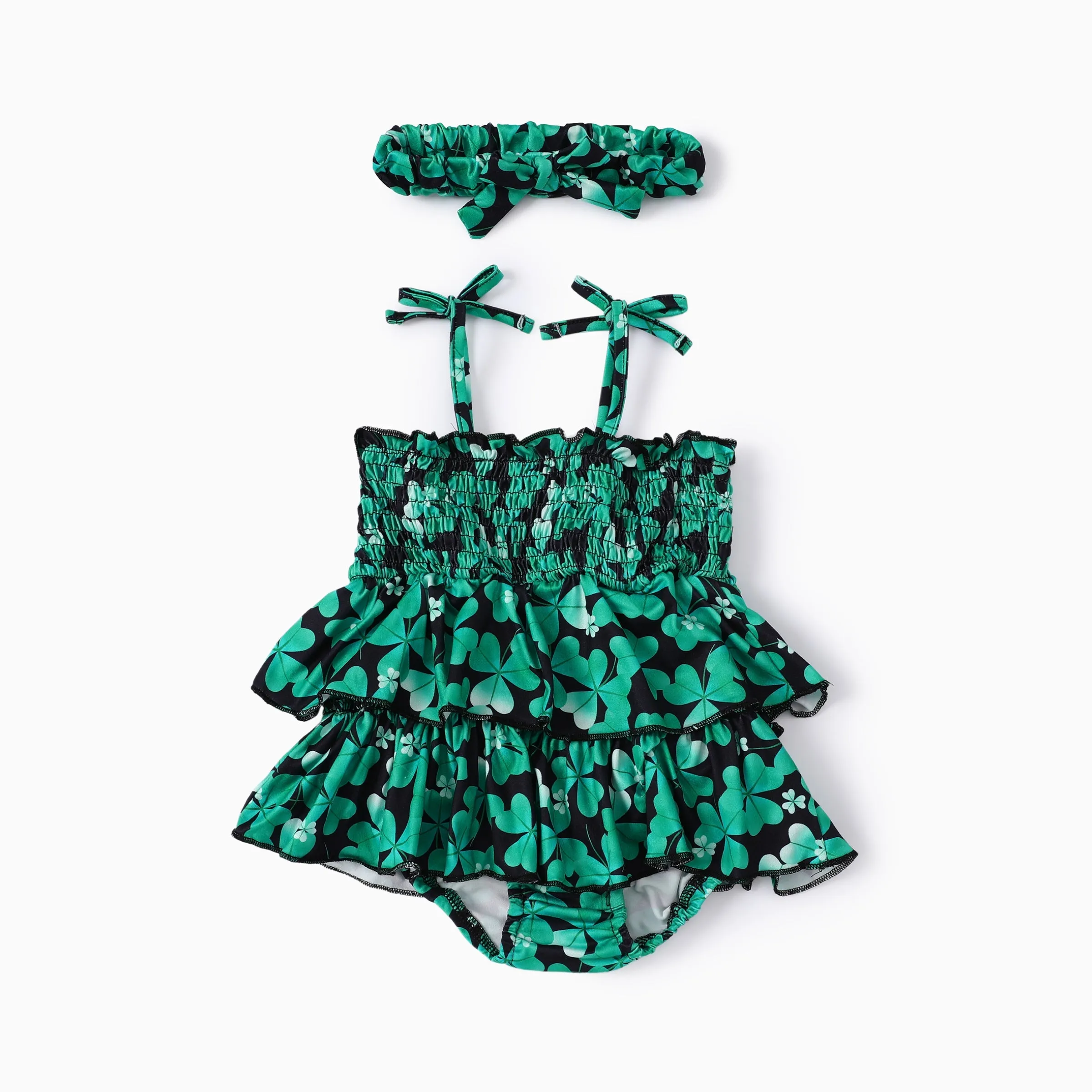 2pcs Baby Girl St. Patrick's Day Green Clover Print Ruffled Romper with Headband