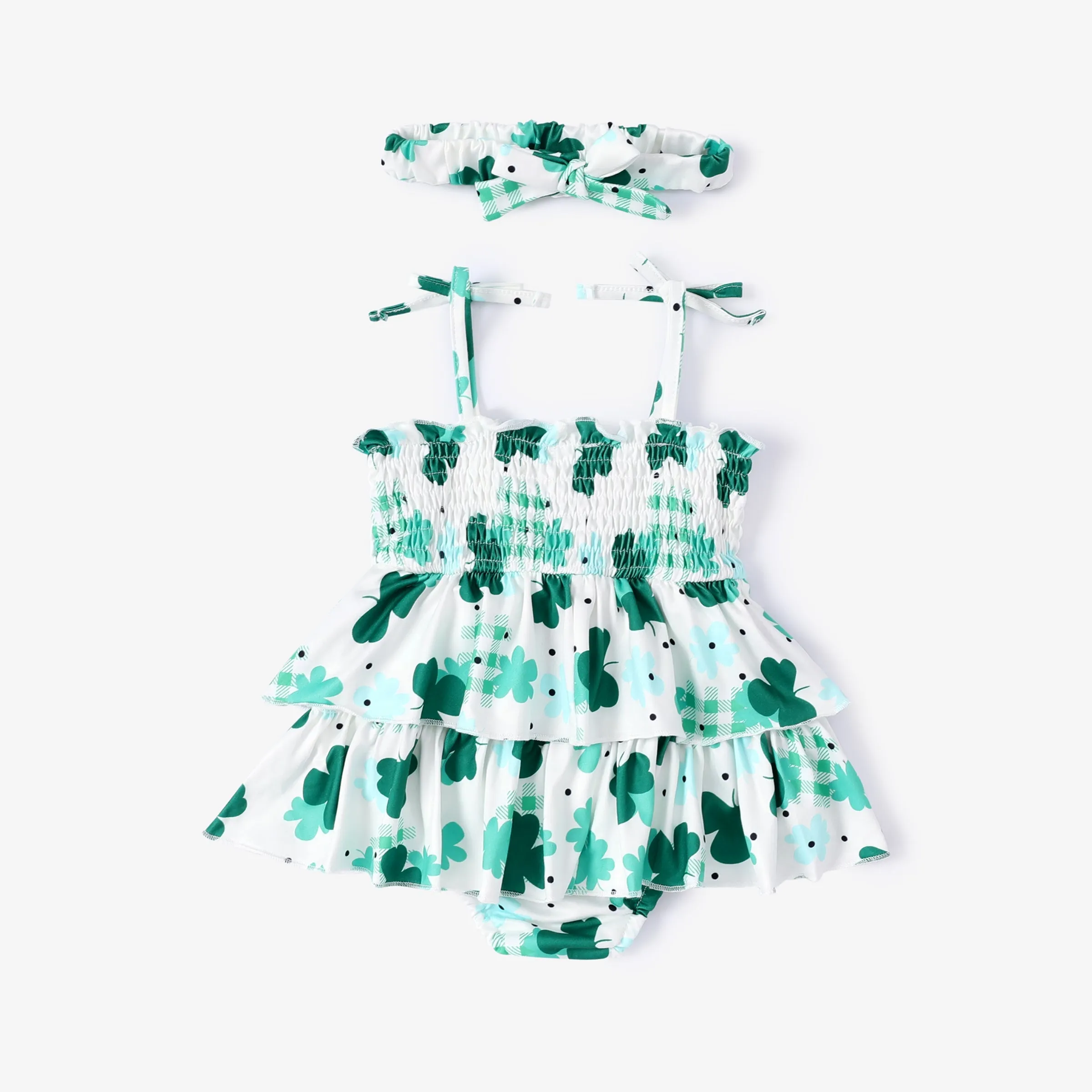 2pcs Baby Girl St. Patrick's Day Green Clover Print Ruffled Romper with Headband