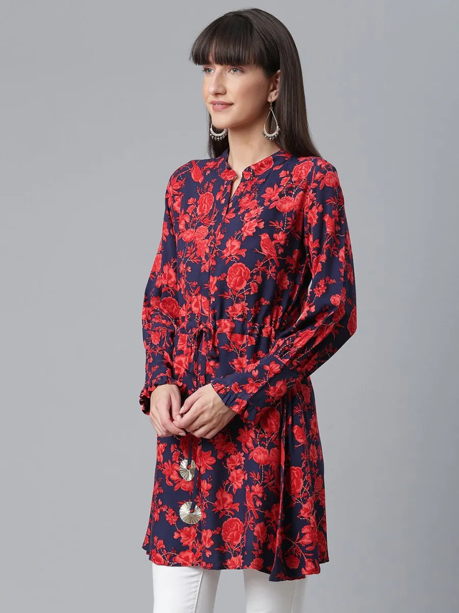 Ahalyaa Navy Blue & Red Mandarin Collar Printed Tunic