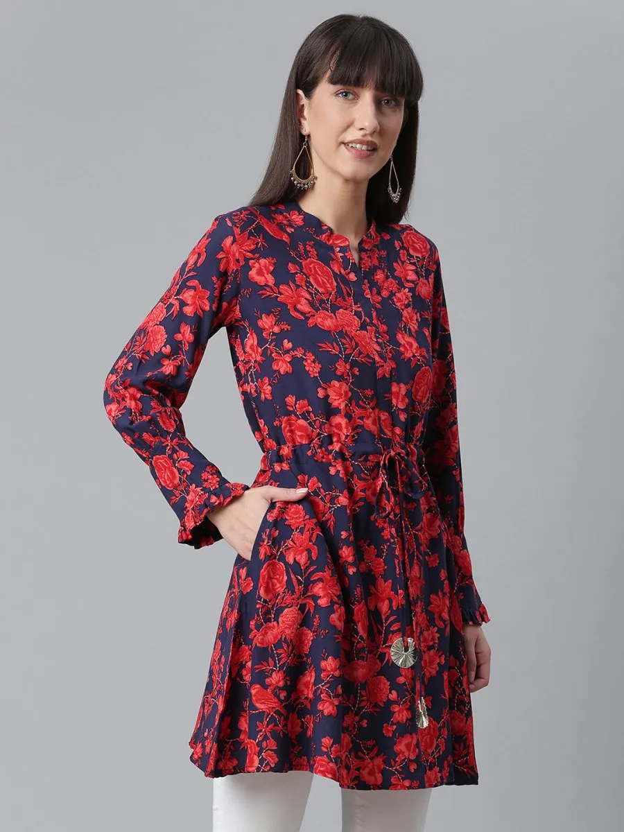 Ahalyaa Navy Blue & Red Mandarin Collar Printed Tunic