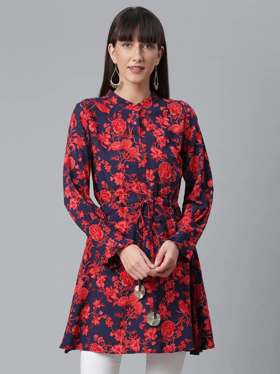 Ahalyaa Navy Blue & Red Mandarin Collar Printed Tunic