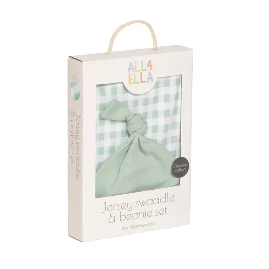 All 4 Ella Jersey Swaddle & Beanie Set - Gingham Sage