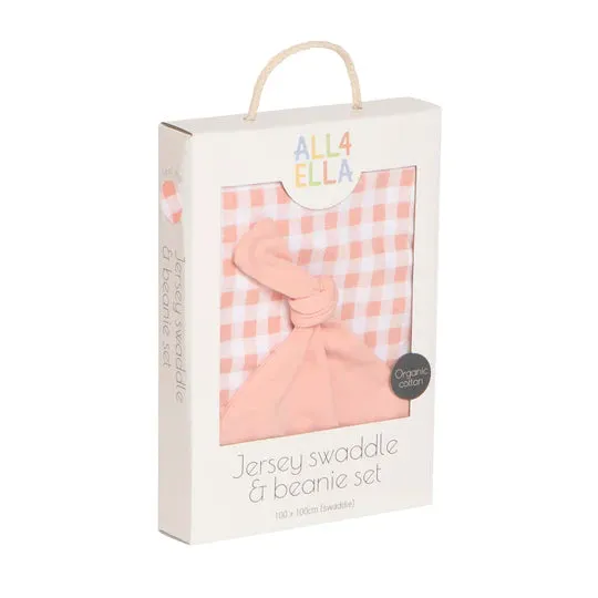 All 4 Ella Jersey Swaddle & Beanie Set - Gingham Strawberry