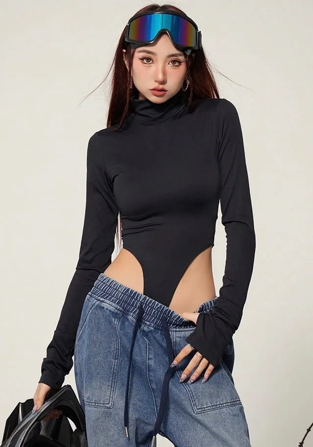 Ariel Solid Color Black High Waisted Turtleneck Back Lace Up Slim Long Sleeve Bodysuit Top