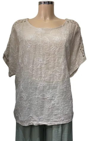 Beige Embroidered Plain Round Neck Cotton Crochet Sleeve Top