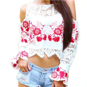 Bell Sleeve Embroidered Top "Cecelia" Bohemian White With Lace And Red & Pink Embroidery Cold Shoulder Midrift Shirt Small Medium Or Large