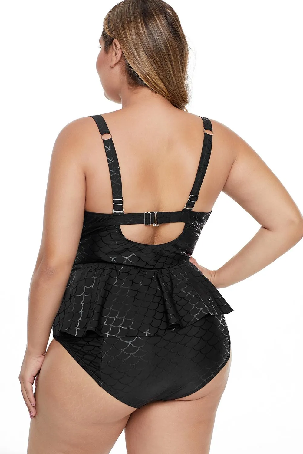 Black Halter Peplum Plus Size Tank Bikini Set