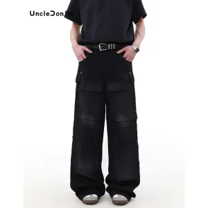 Black Heavy Industry Denim Cargo Pants - Men's Multi-pocket Wide Leg Jeans