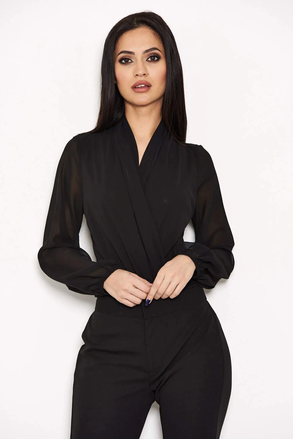 Black Mesh Detail Sleeved Bodysuit