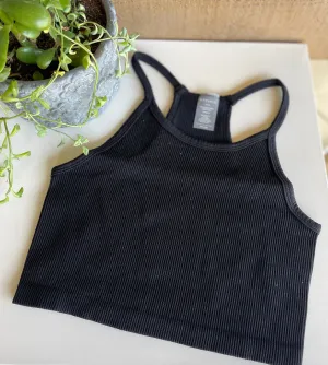 Black Ribbed OS Racerback Crop Tank by Dynamic Fashion