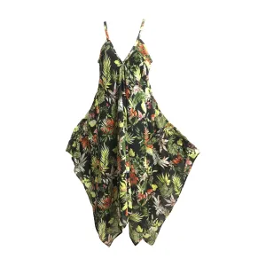 Bohemian V-Neck Floral Geometric Print Long Sundress Shark bite Hem Dress Spaghetti Strap Dress #7 Black Floral