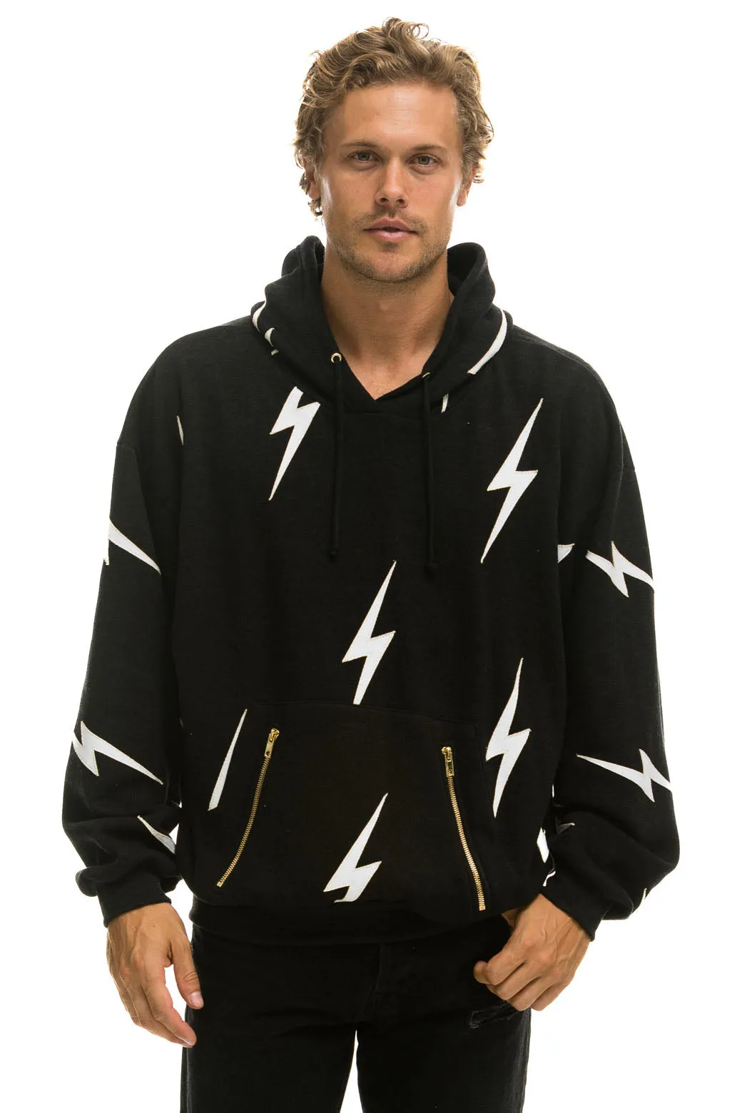 BOLT STITCH REPEAT RELAXED PULLOVER HOODIE WITH POCKET ZIPPERS - BLACK // WHITE