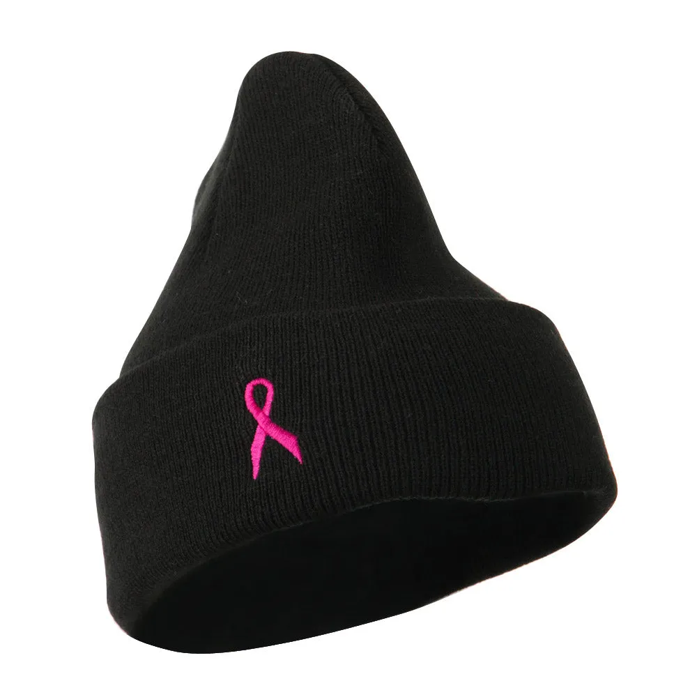 Breast Cancer Ribbon Embroidered Cuff Beanie