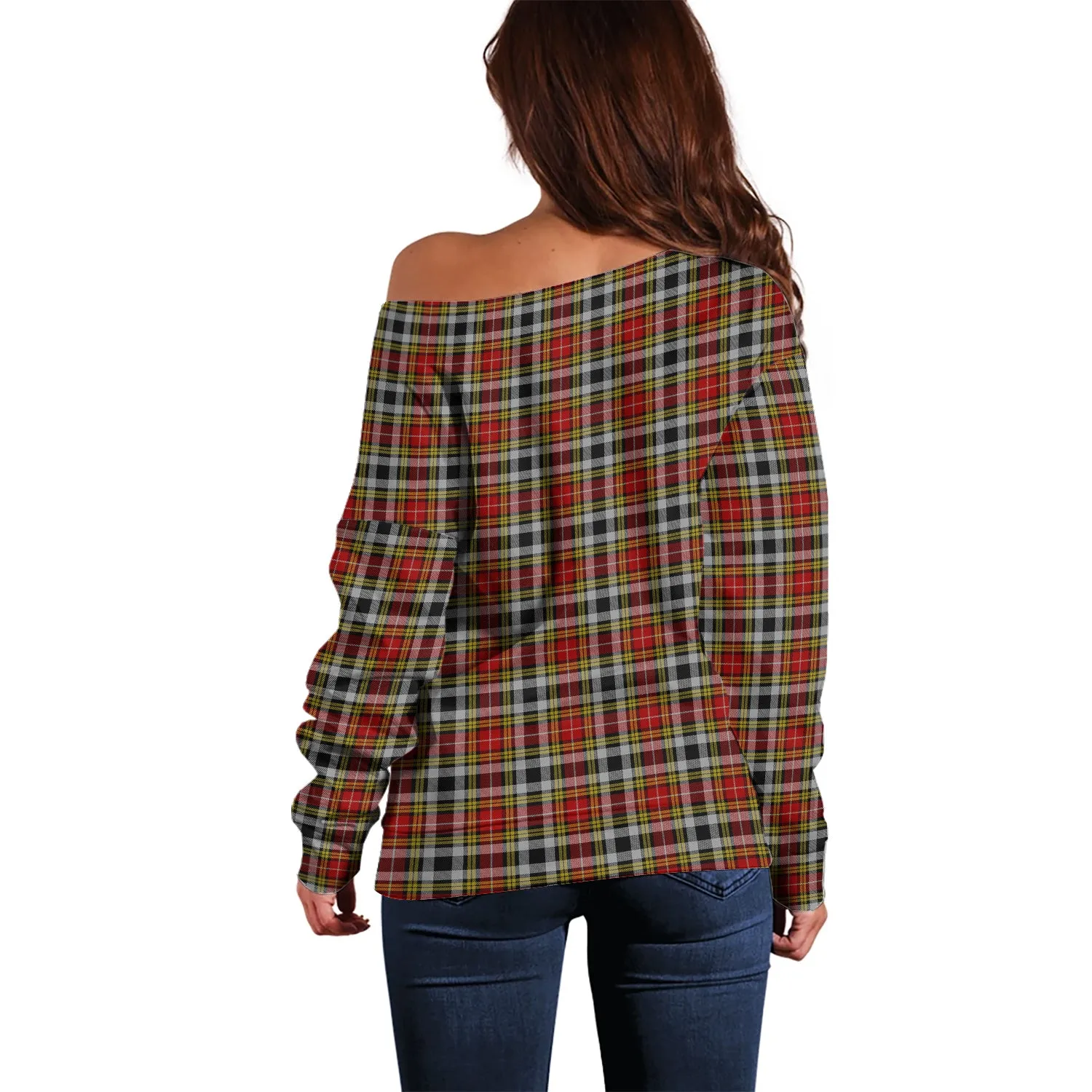 Buchanan Old Dress Tartan Off Shoulder Women Sweater with Family Crest