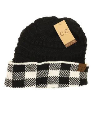 Buffalo Check Knit CC Beanie in Black   White