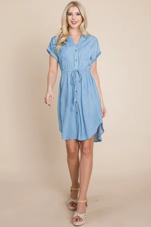 Button Down Chambray Drawstring Waist Shirt Dress