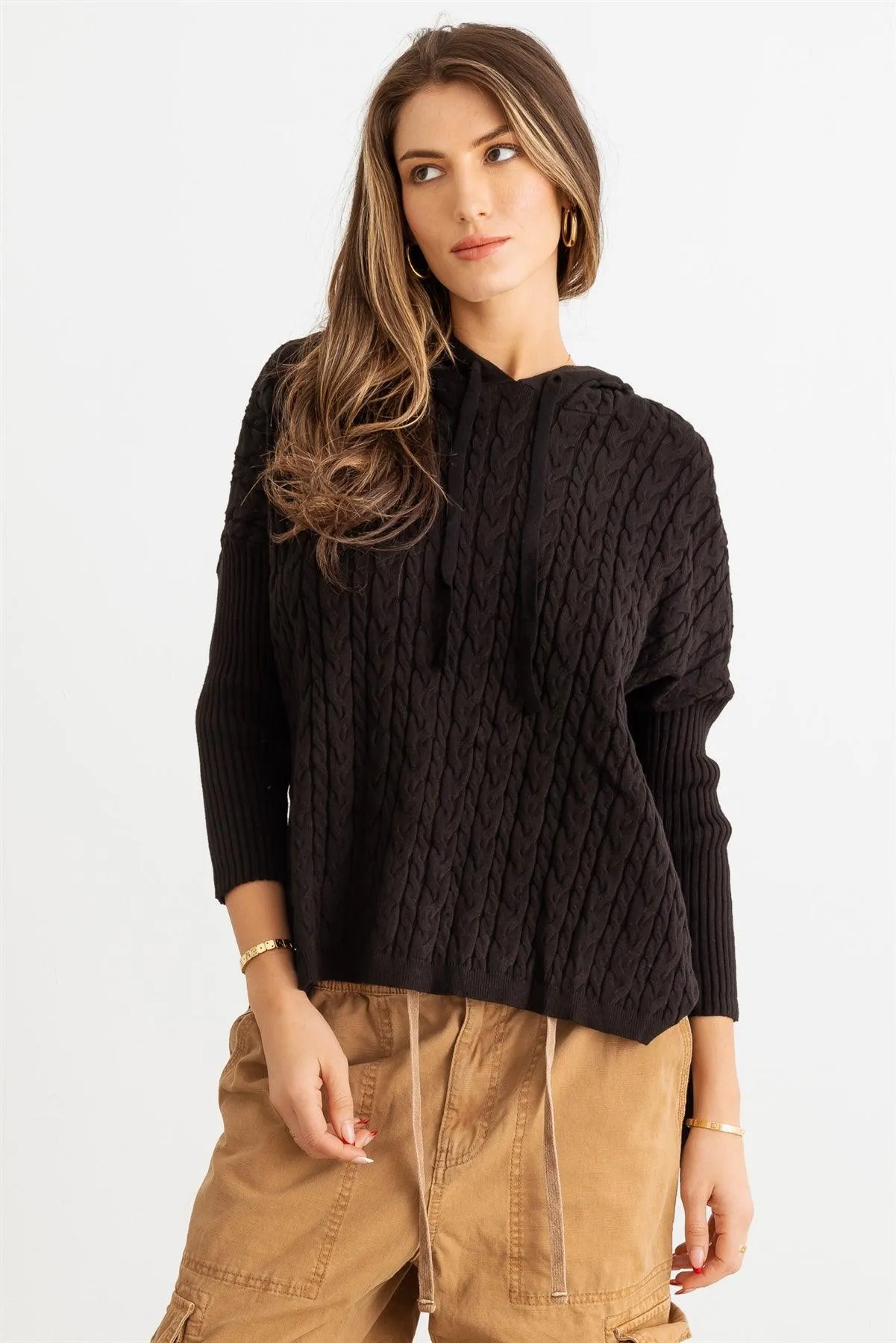 Cable Knit Long Sleeve Hooded Sweater