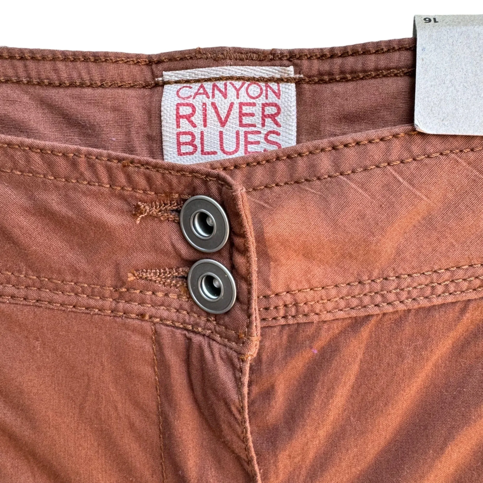 Canyon River Blues Brown Capri Embroidered Pocket Drawstring Hem Cargo Pants New