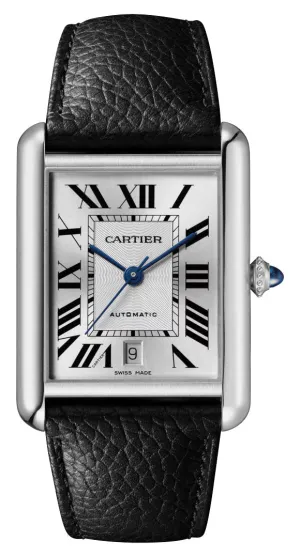 Cartier Tank Must Extra-Large Automatic Stainless Steel Silver Dial Black Leather Strap Date Mens Watch WSTA0040