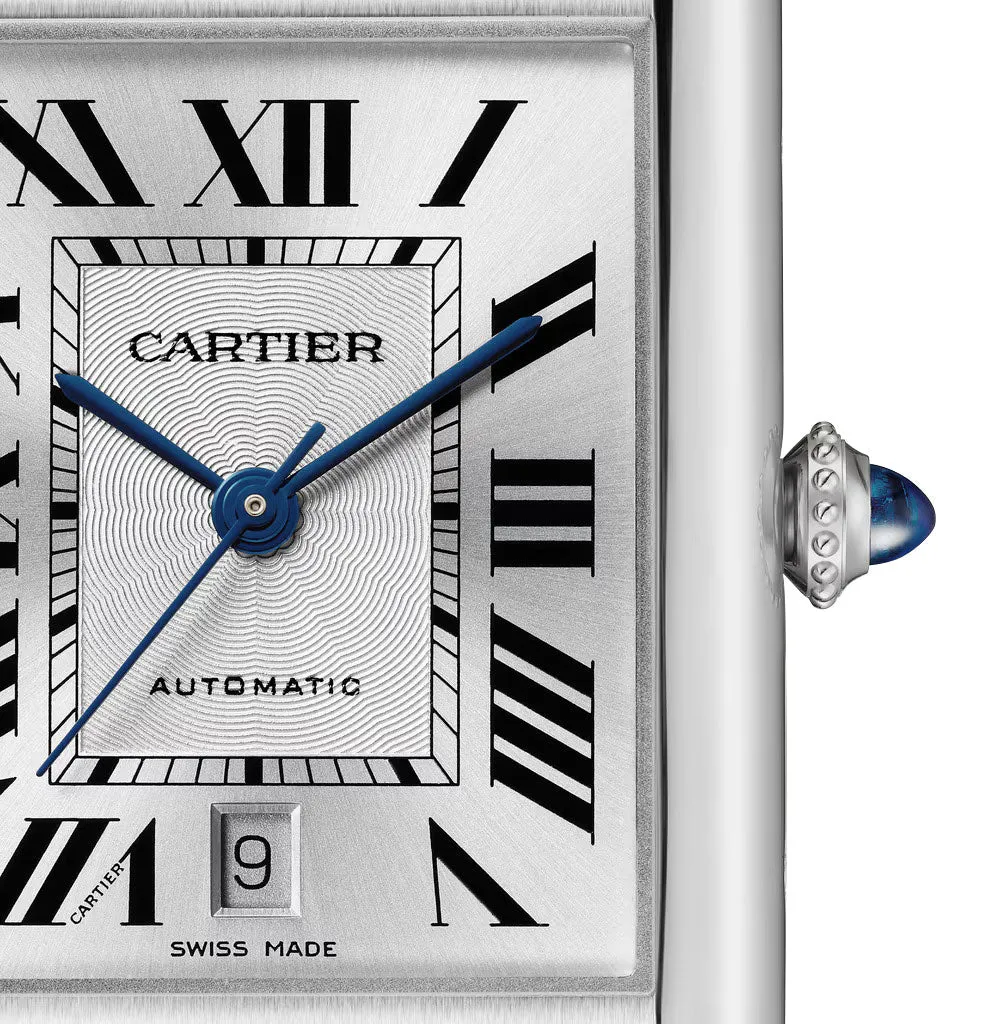 Cartier Tank Must Extra-Large Automatic Stainless Steel Silver Dial Black Leather Strap Date Mens Watch WSTA0040