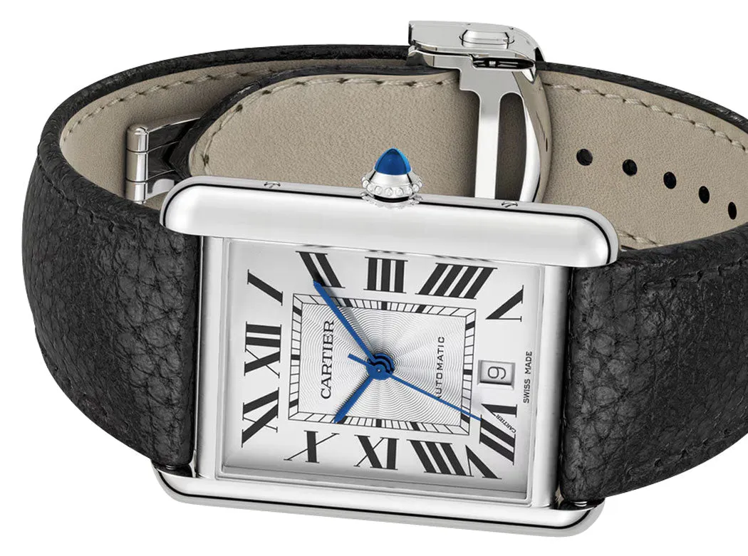 Cartier Tank Must Extra-Large Automatic Stainless Steel Silver Dial Black Leather Strap Date Mens Watch WSTA0040