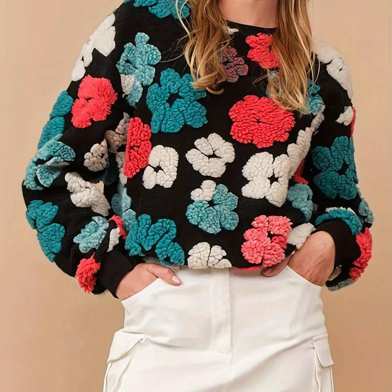 Chic Floral Patterned Womens Pullover Sweatshirt - Stylish & Warm, Long Sleeve Crew Neck for Autumn/Winter - A Fashionable Everyday Essential