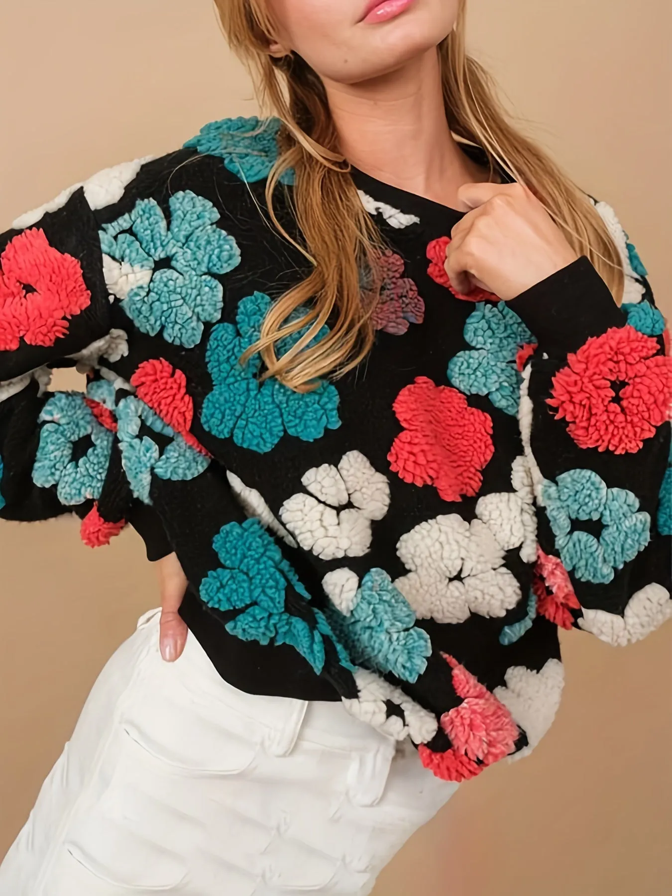 Chic Floral Patterned Womens Pullover Sweatshirt - Stylish & Warm, Long Sleeve Crew Neck for Autumn/Winter - A Fashionable Everyday Essential