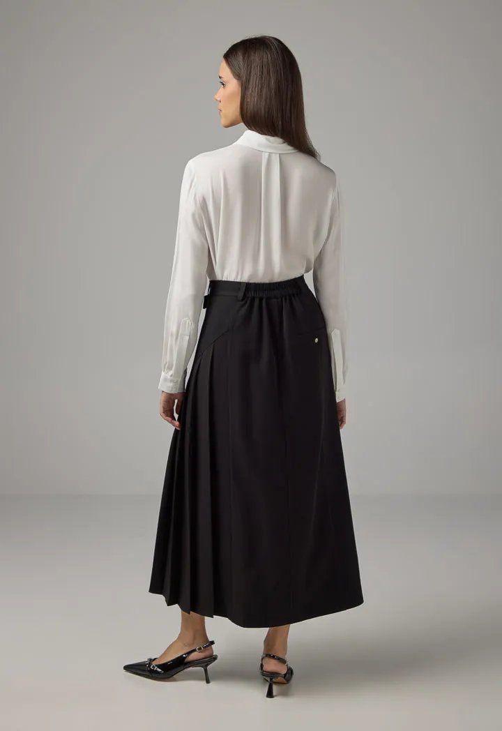 Choice Solid Pleated Flared Skirt Black