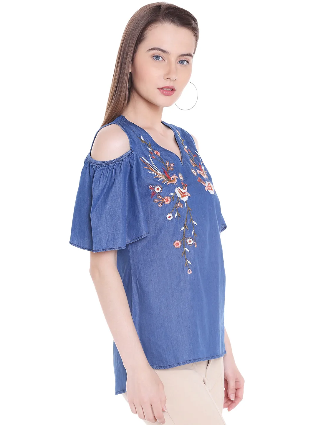 Cold Shoulder With Embroider Denim Top