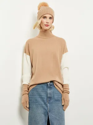 Colorblock Cashmere Turtleneck Tunic, Natural/Ivory