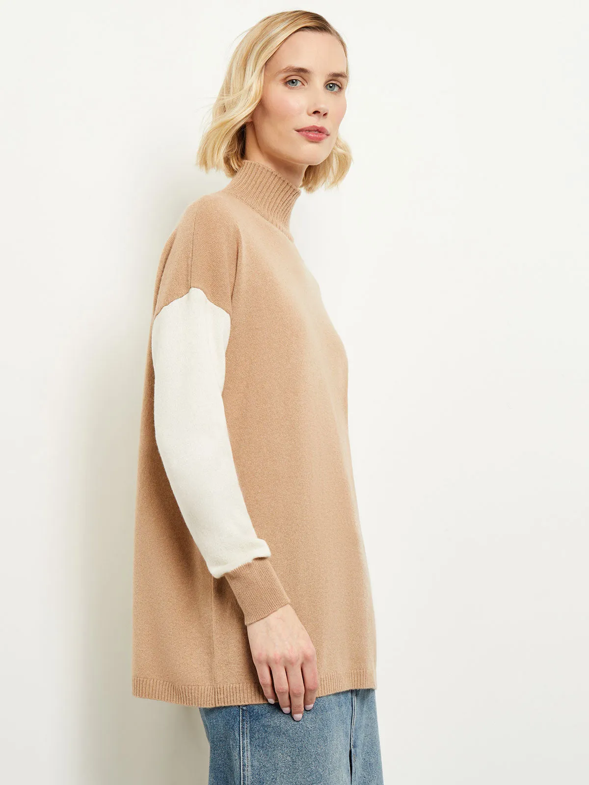 Colorblock Cashmere Turtleneck Tunic, Natural/Ivory