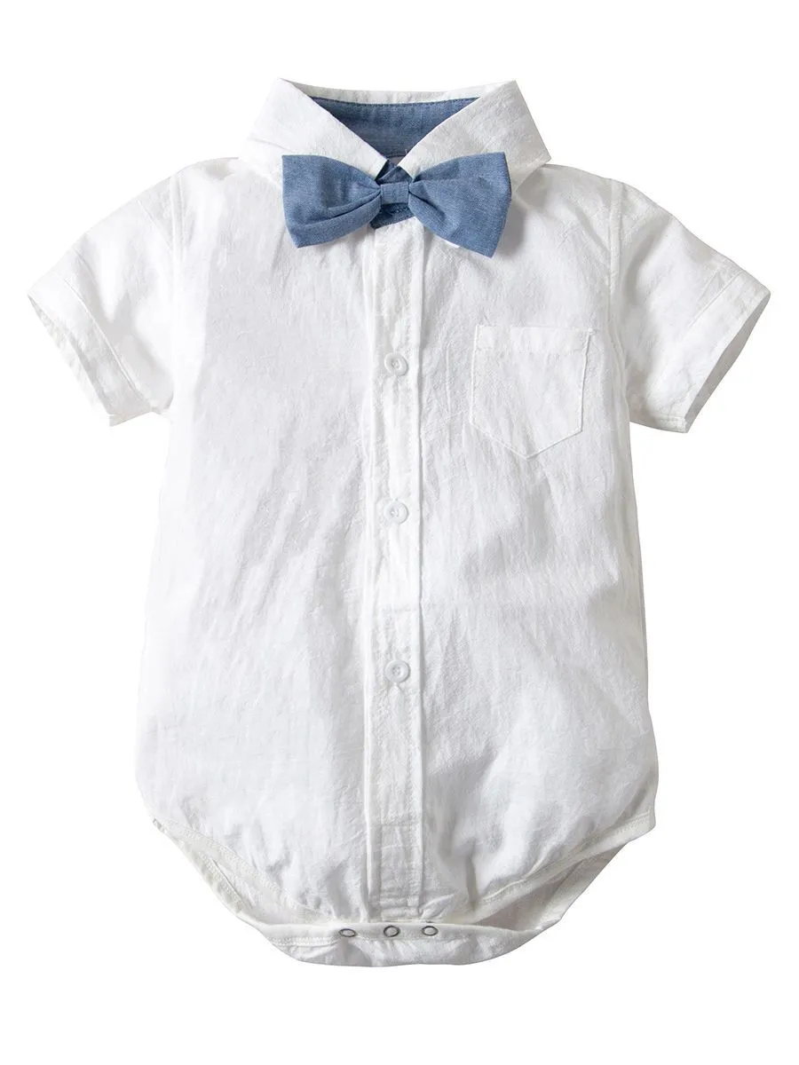 Cotton Babywear 4-Piece Outfits Set Short Sleeve Button Down White Bodysuit and Adjustable Shoulder Straps Shorts and Bow Tie