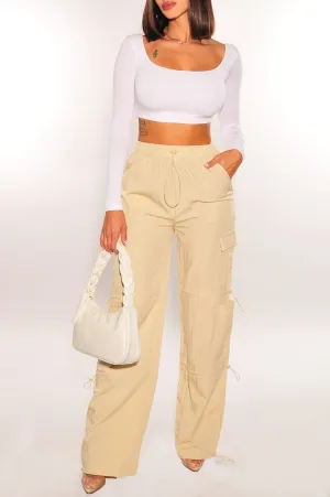 Cream Wide Leg Drawstring Cargo Pants