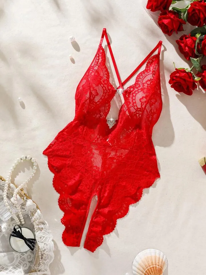 Crotchless Lingerie Red Lace Bodysuit