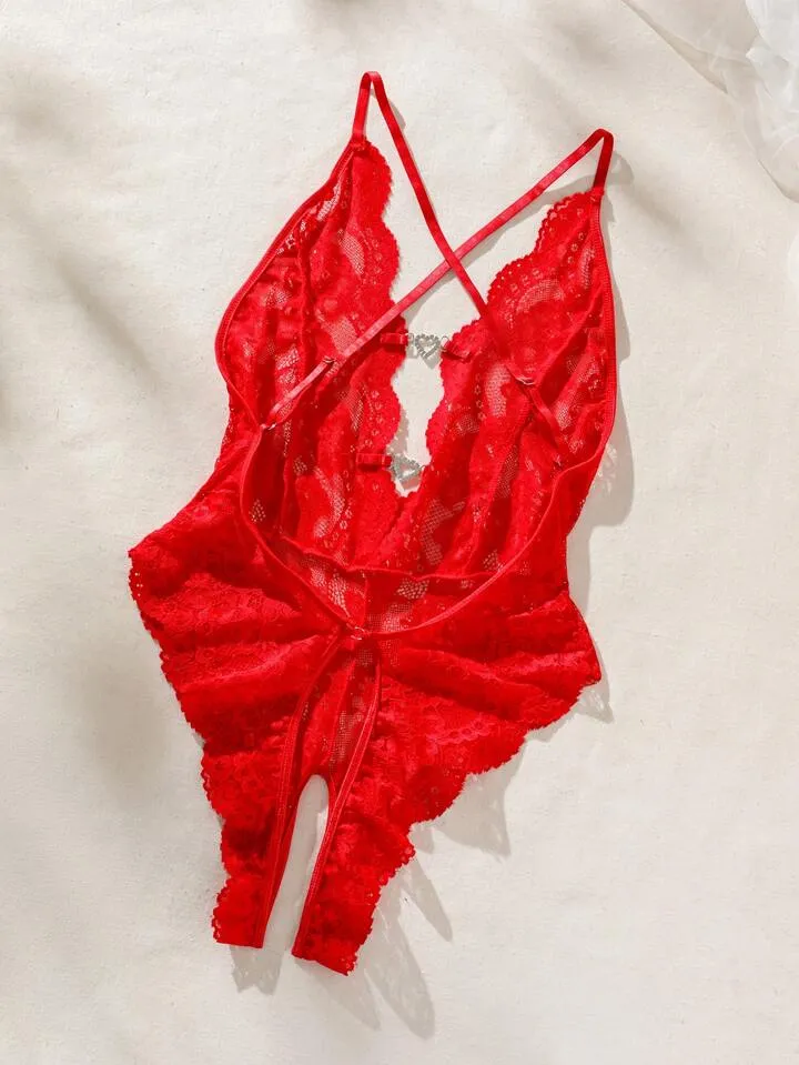 Crotchless Lingerie Red Lace Bodysuit