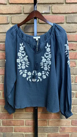 Dusty Navy Embroidery Top #305