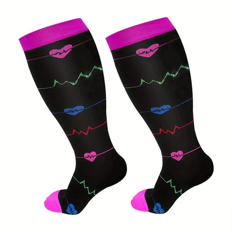 EKG Heart Patterned Knee High - Black (Compression Socks)