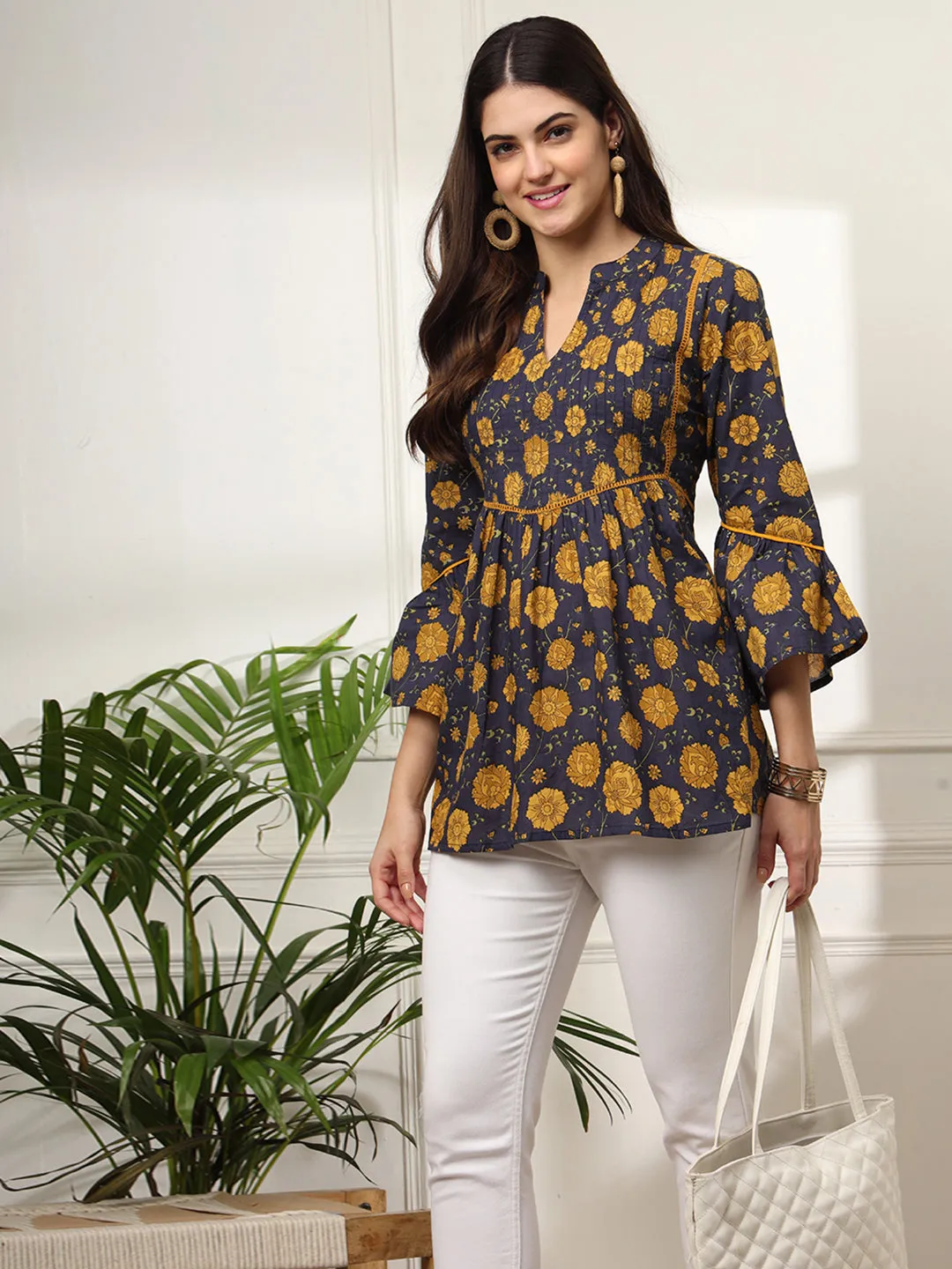 Ekisha's women dark blue pleated designer floral printed cotton tunic top short kurti