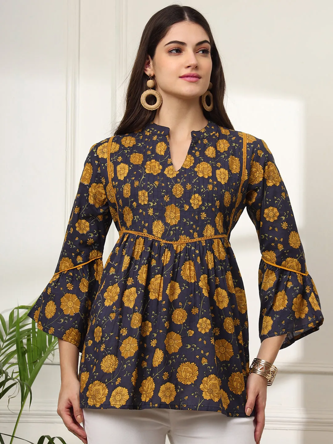 Ekisha's women dark blue pleated designer floral printed cotton tunic top short kurti