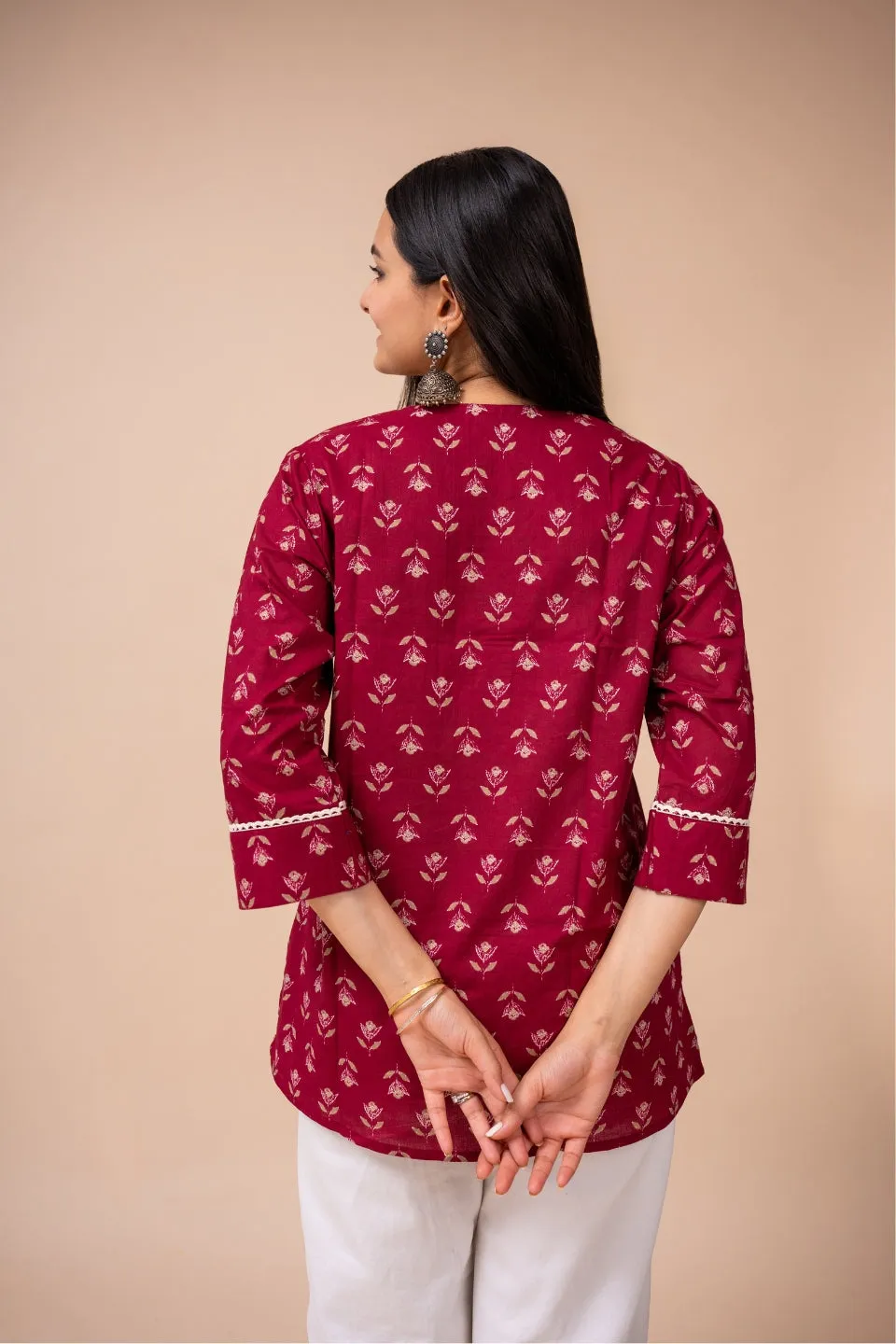 Ekisha's women dark pink floral modern printed cotton tunic top short kurti