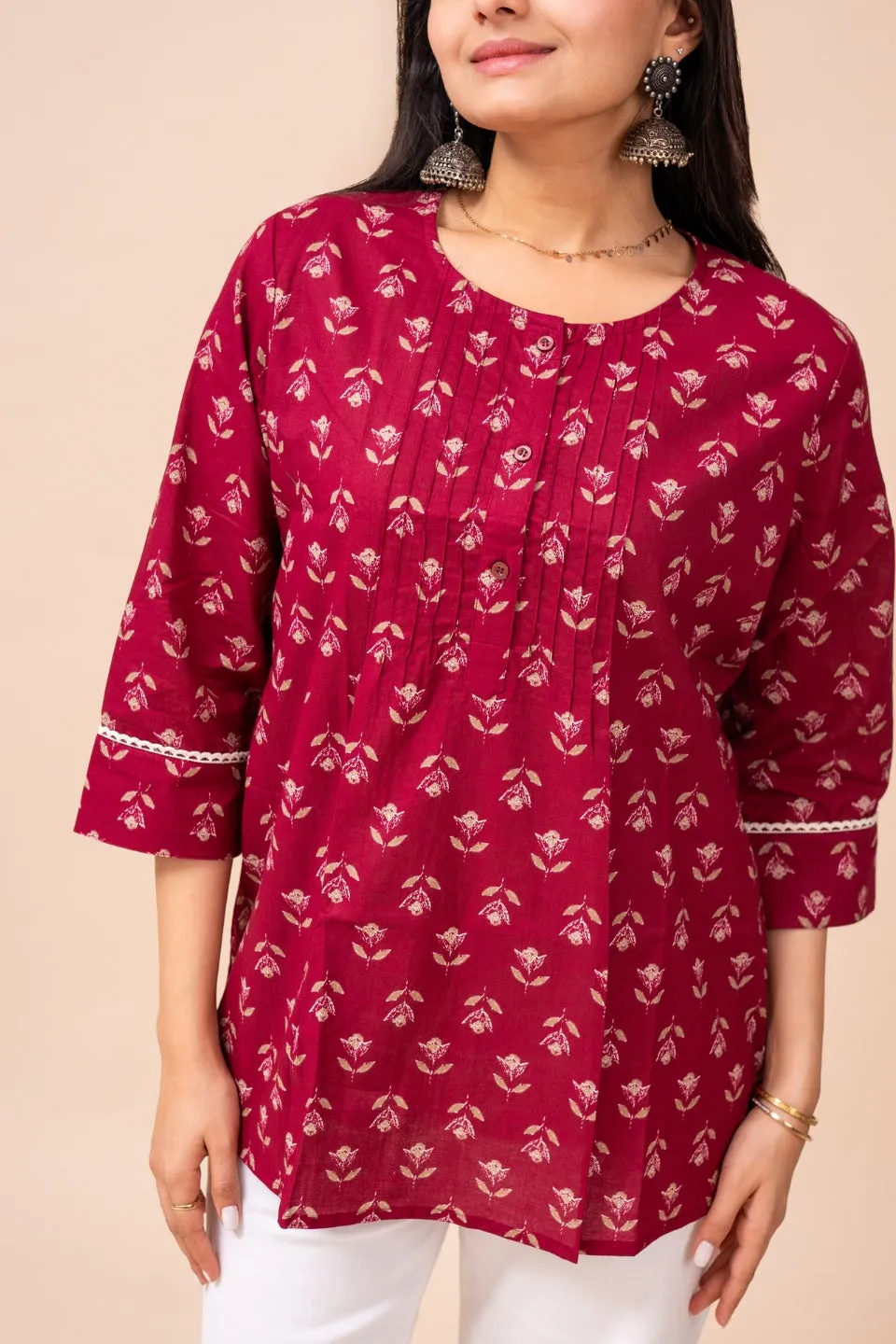 Ekisha's women dark pink floral modern printed cotton tunic top short kurti