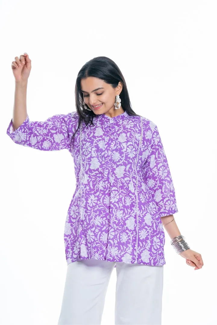 Ekisha's women purple designer floral printed cotton tunic top short kurti