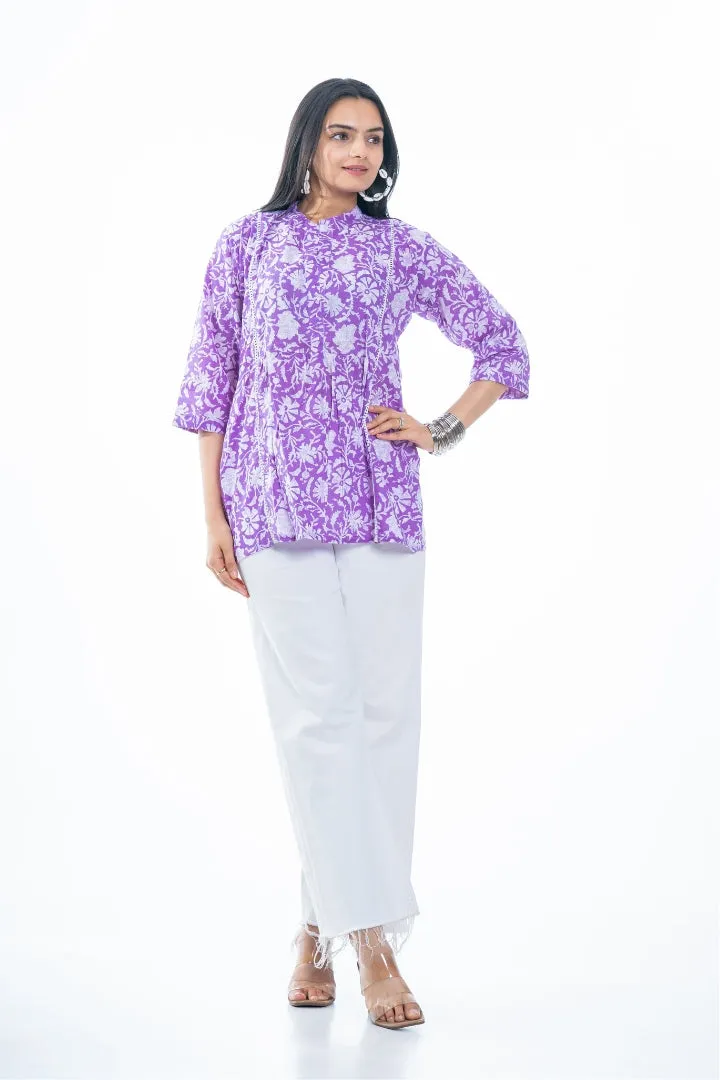 Ekisha's women purple designer floral printed cotton tunic top short kurti