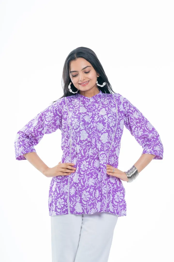 Ekisha's women purple designer floral printed cotton tunic top short kurti