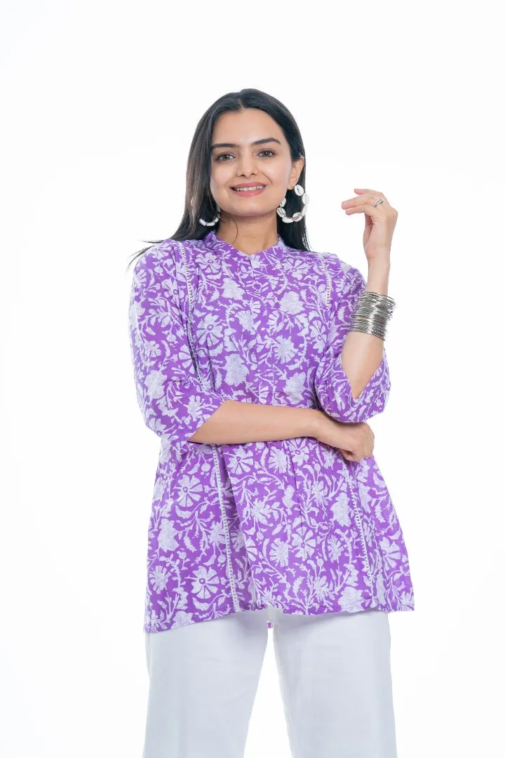 Ekisha's women purple designer floral printed cotton tunic top short kurti